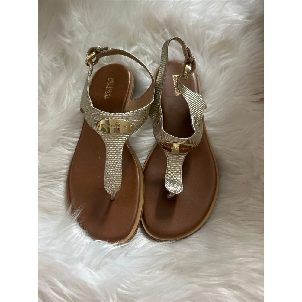 MICHAEL MICHAEL KORS Leather Gold Women's MK Plate Flat gladiator  Sandals Size